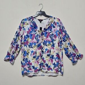 Investments Top Blouse 1X Purple Blue Multicolor Vneck 3/4 Sleeves Ruffle 0668